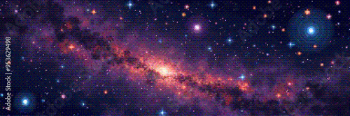 Pixelated amazing huge nebula and glowing stars in universe. Panoramic deep space scene background in vintage pixel art style with dithering effect for 8-bit retro videogame. Vector illustration