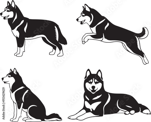 Siberian Husky Dog Cartoon Silhouette Vector Bundle