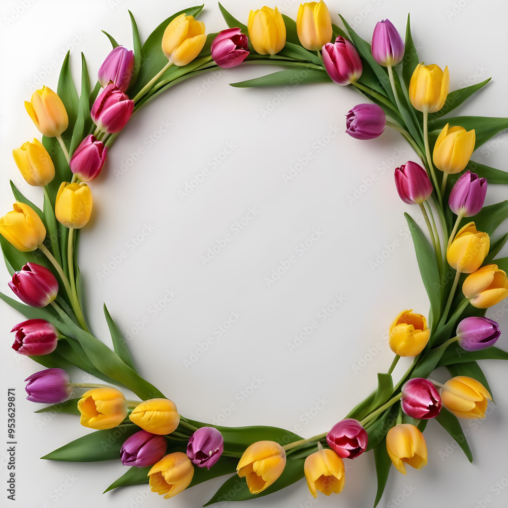Wreath of colorful tulips on white background. Top view. Wreath of colorful tulips on white background. Top view.