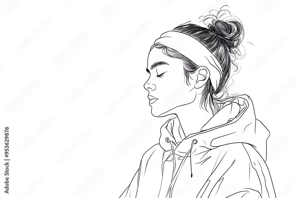 Minimalist Line Drawing of Person in Fleece Jacket and Headband on White Background Minimalist Line Drawing of Person in Fleece Jacket and Headband on White Background