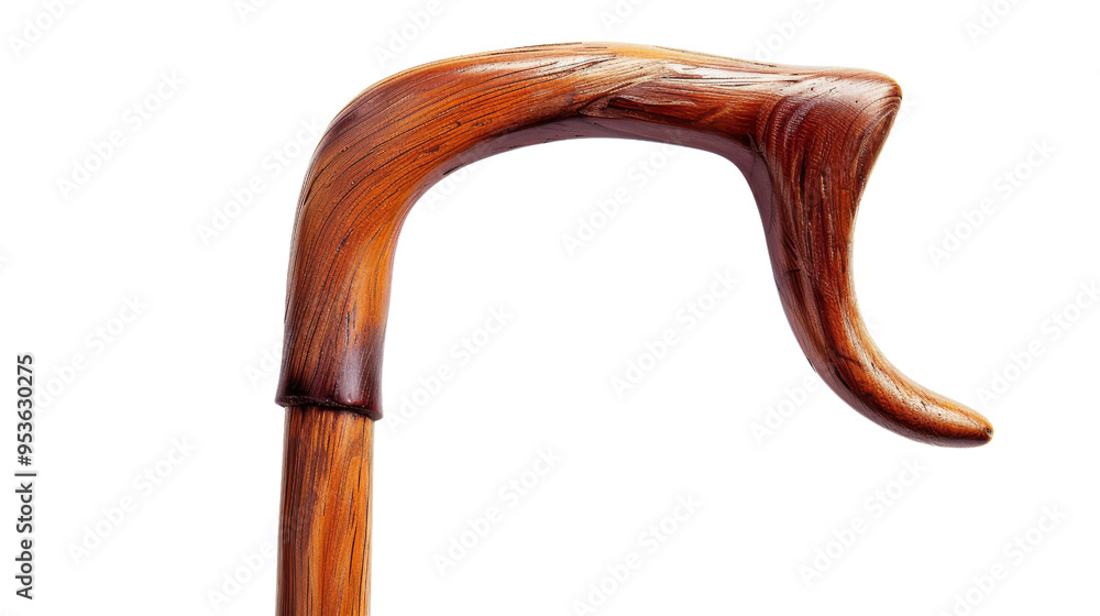 Close-up of a beautifully crafted wooden cane, showcasing its smooth finish and elegant design, perfect for style and support. isolated on a white background, transparent background.