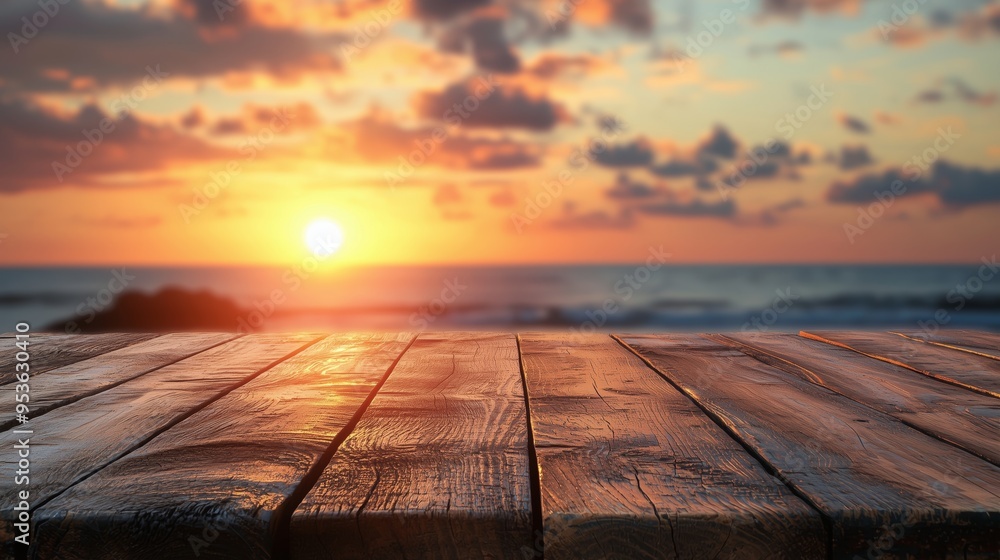 Rustic wooden table with a stunning ocean sunset in the background, offering a tranquil and scenic seaside view. Rustic wooden table with a stunning ocean sunset in the background, offering a tranquil and scenic seaside view.