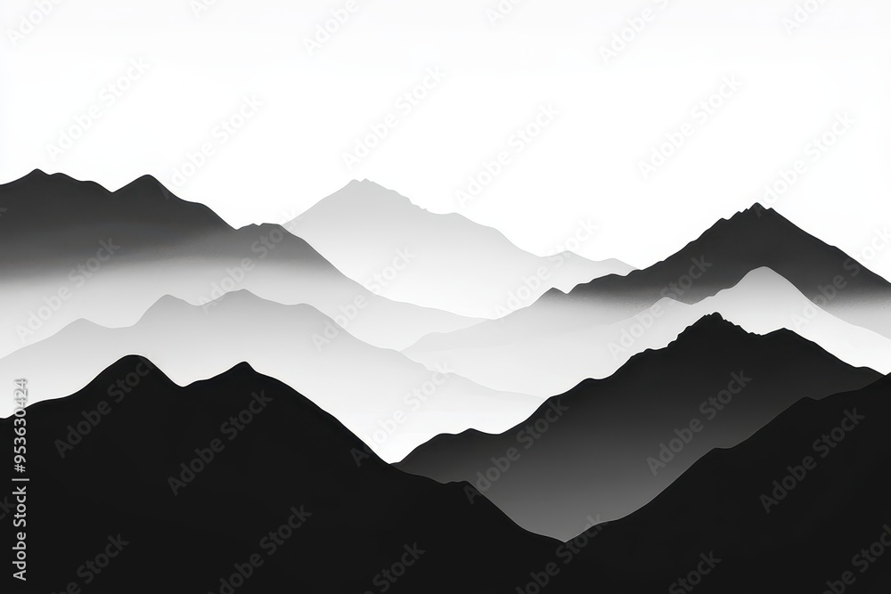 A minimalist black and white mountain landscape with layered peaks and soft gradients. A minimalist black and white mountain landscape with layered peaks and soft gradients.