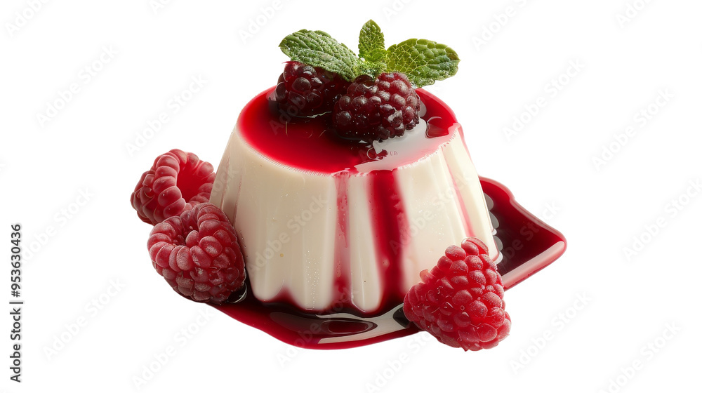 Delicious panna cotta topped with fresh raspberries and drizzled with berry sauce, garnished with mint leaves. isolated on a white background, transparent background. Delicious panna cotta topped with fresh raspberries and drizzled with berry sauce, garnished with mint leaves. isolated on a white background, transparent background.