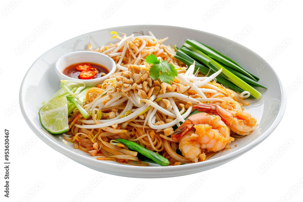 Delicious plate of shrimp pad thai garnished with lime, peanuts, and bean sprouts, showcasing vibrant flavors and colors. isolated on a white background, transparent background. Delicious plate of shrimp pad thai garnished with lime, peanuts, and bean sprouts, showcasing vibrant flavors and colors. isolated on a white background, transparent background.