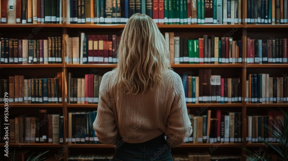 Woman Standing in Library Browsing Bookshelves Back View Education Learning Knowledge Student Quiet Study Space Woman Standing in Library Browsing Bookshelves Back View Education Learning Knowledge Student Quiet Study Space