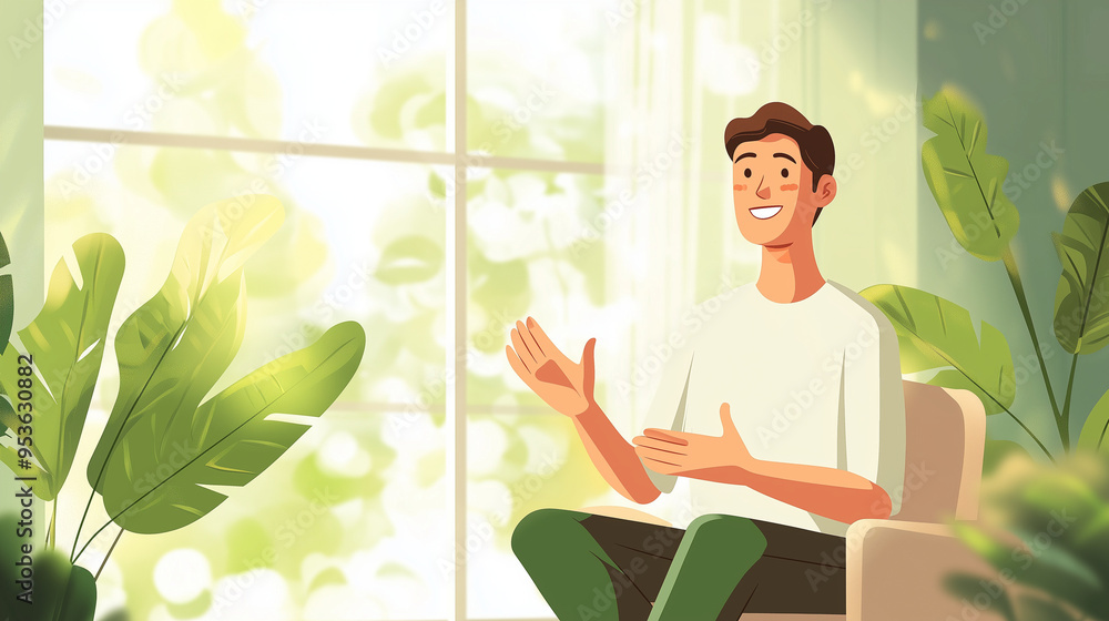 illustration of a man in a bright room illustration of a man in a bright room