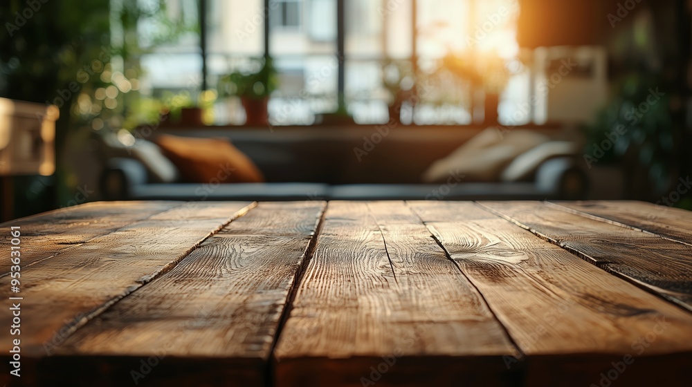 A rustic wooden table in a bright, cozy living room with sunlight streaming through windows, perfect for interior design themes. A rustic wooden table in a bright, cozy living room with sunlight streaming through windows, perfect for interior design themes.