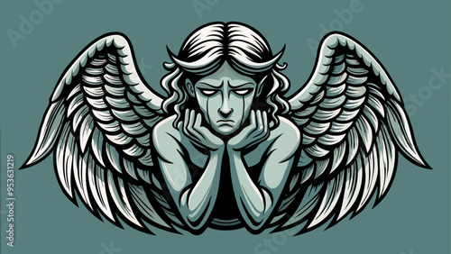 Monochrome Angel Tattoo Design with Sad Expression on Teal Background