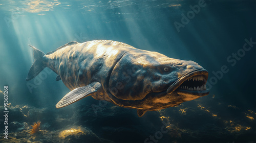 Extinct Dunkleosteus, Giant Prehistoric Armored Fish in Murky Devonian Sea Waters
 photo