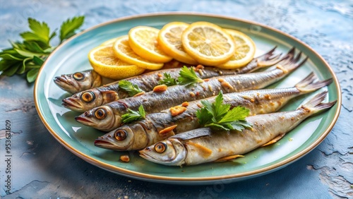 Grilled sardines on a plate with lemon slices, rich in omega-3s, brain-healthy diet concept photo