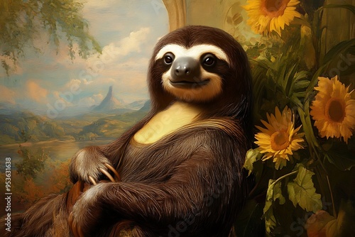 Mona Sloth: Digital Art Recreation of the Mona Lisa Painting with a Cute Sloth Character photo