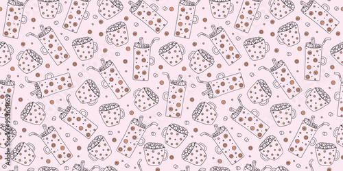 Pattern cup and mug with desserts, sweets, hot drinks, food. Set of drawings, doodles. Delicious cocoa milk dessert in mugs with marshmallows. Sweet cocoa balls. Seamless background.