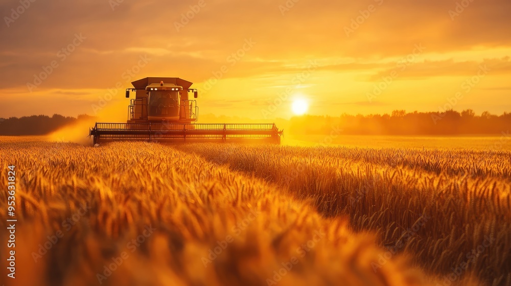 A combine harvester working in a golden wheat field at sunset, capturing the essence of the agricultural harvest season. A combine harvester working in a golden wheat field at sunset, capturing the essence of the agricultural harvest season.