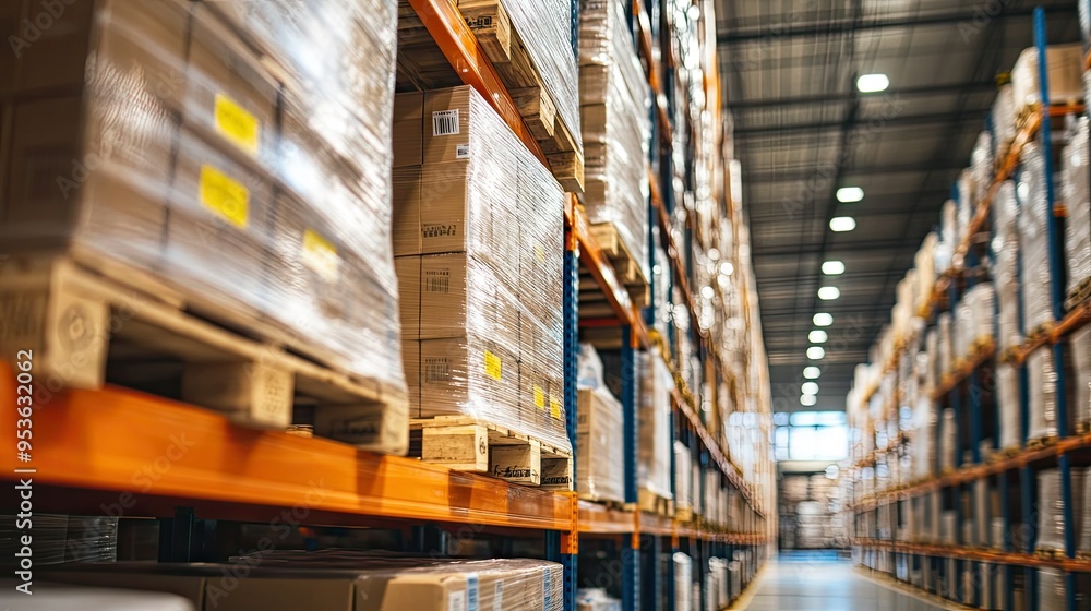 Close-up of inventory in a logistics warehouse with rows of stacked pallets and boxes. Perfect for showcasing systematic storage and logistics management. Close-up of inventory in a logistics warehouse with rows of stacked pallets and boxes. Perfect for showcasing systematic storage and logistics management.