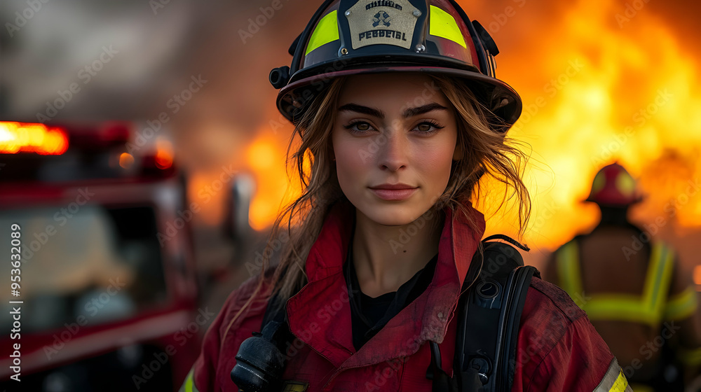 A female firefighter looks intently at the camera, with a fire in the background and a firetruck in the foreground. A female firefighter looks intently at the camera, with a fire in the background and a firetruck in the foreground.