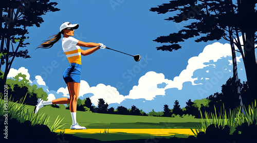 A female golfer swings her ...