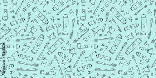 Pattern, dental icons. Toothbrush, toothpaste, teeth. Cleaning and dental care. Healthy clean tooth. Drawings, Doodle. Seamless background.