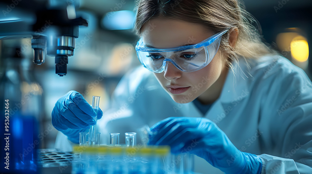 A female scientist in a lab coat and protective eyewear carefully examines a test tube filled with a clear liquid. A female scientist in a lab coat and protective eyewear carefully examines a test tube filled with a clear liquid.