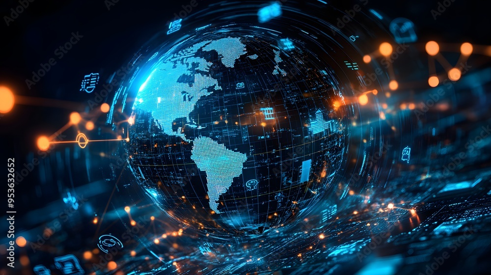 Globalization: A globe surrounded by currency symbols and digital connections, representing the effects of globalization on the economy. Stock photo style Globalization: A globe surrounded by currency symbols and digital connections, representing the effects of globalization on the economy. Stock photo style