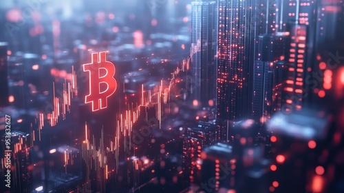 A digital graph showing Bitcoin's fluctuating market value, overlaid with blockchain nodes and a futuristic cityscape.