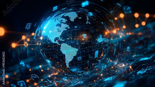 Globalization: A globe surrounded by currency symbols and digital connections, representing the effects of globalization on the economy. Stock photo style photo