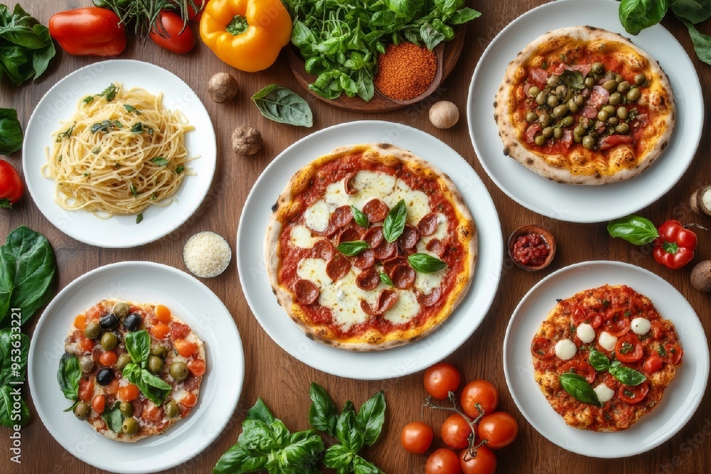 Variety of Italian Dishes on a Wooden Table Variety of Italian Dishes on a Wooden Table
