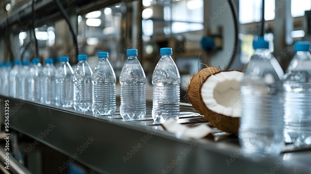 Assortment of Plastic Water Bottles and Coconut on Wooden Table