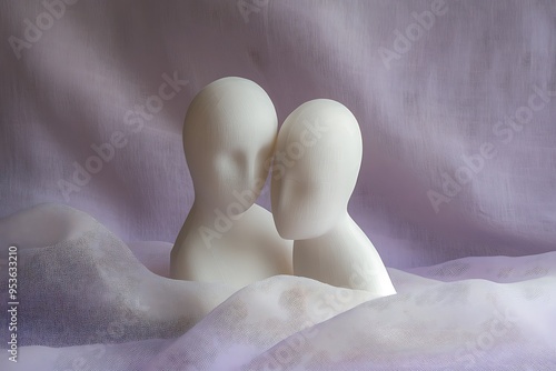 Serene Embrace - White Fabric Figures Daintily Leaning Together on Lavender Background, Creating a Cozy and Tranquil Atmosphere photo