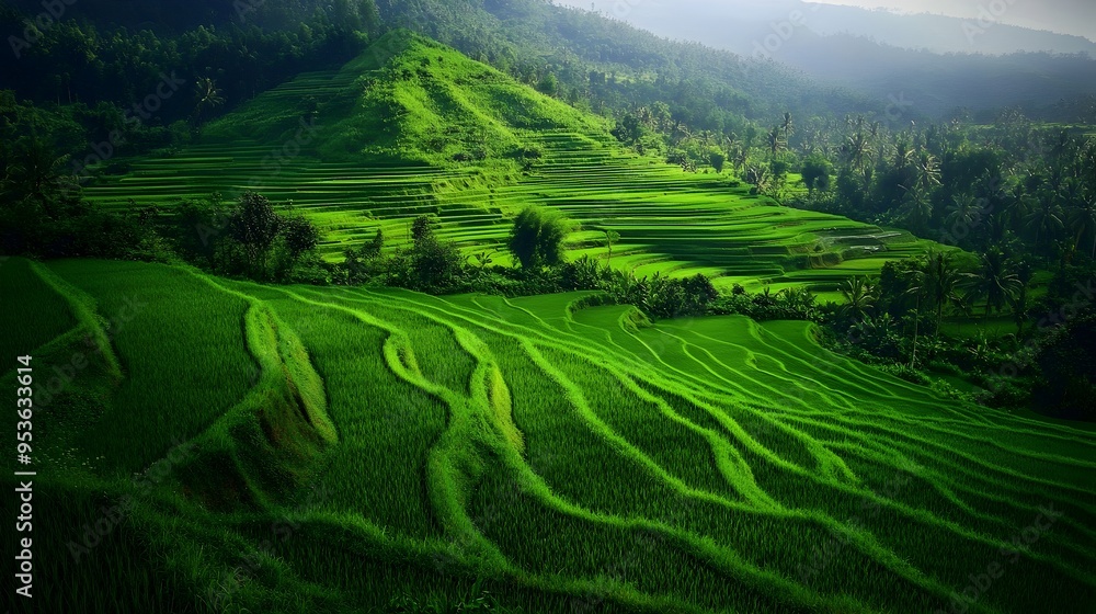 Lush Terraced Green Fields Nestled in Misty Mountain Valley Lush Terraced Green Fields Nestled in Misty Mountain Valley