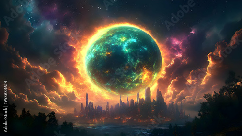 A fiery planet hangs over a...