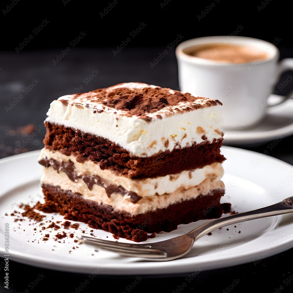 Tiramisu with Cocoa Dusting, tiramisu, mascarpone cream, espresso-soaked ladyfingers, cocoa powder, Italian dessert, white plate, espresso Tiramisu with Cocoa Dusting, tiramisu, mascarpone cream, espresso-soaked ladyfingers, cocoa powder, Italian dessert, white plate, espresso
