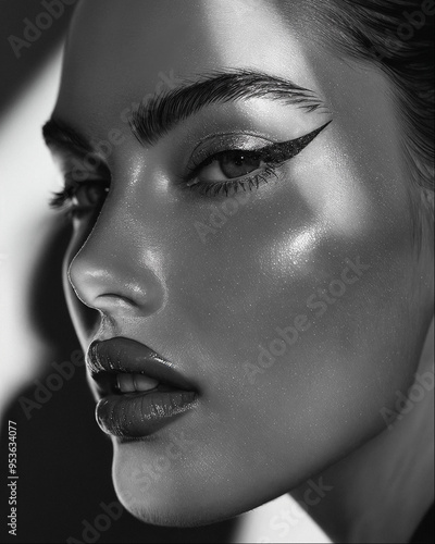 Close-Up of Elegant Woman with smoky Eye Makeup and Bold Eyeliner in Monochrome