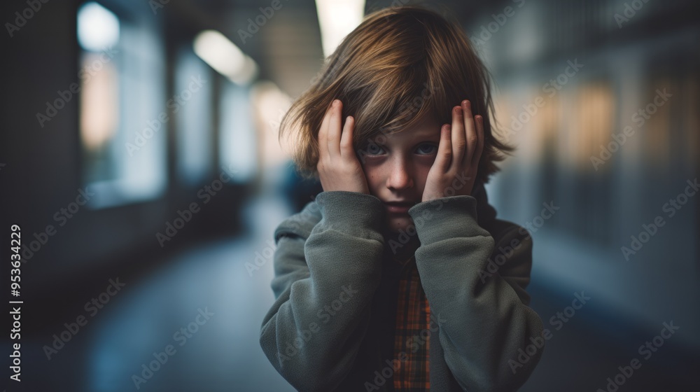 School kid crying in high school corridor hall. Neural network ai generated art School kid crying in high school corridor hall. Neural network ai generated art