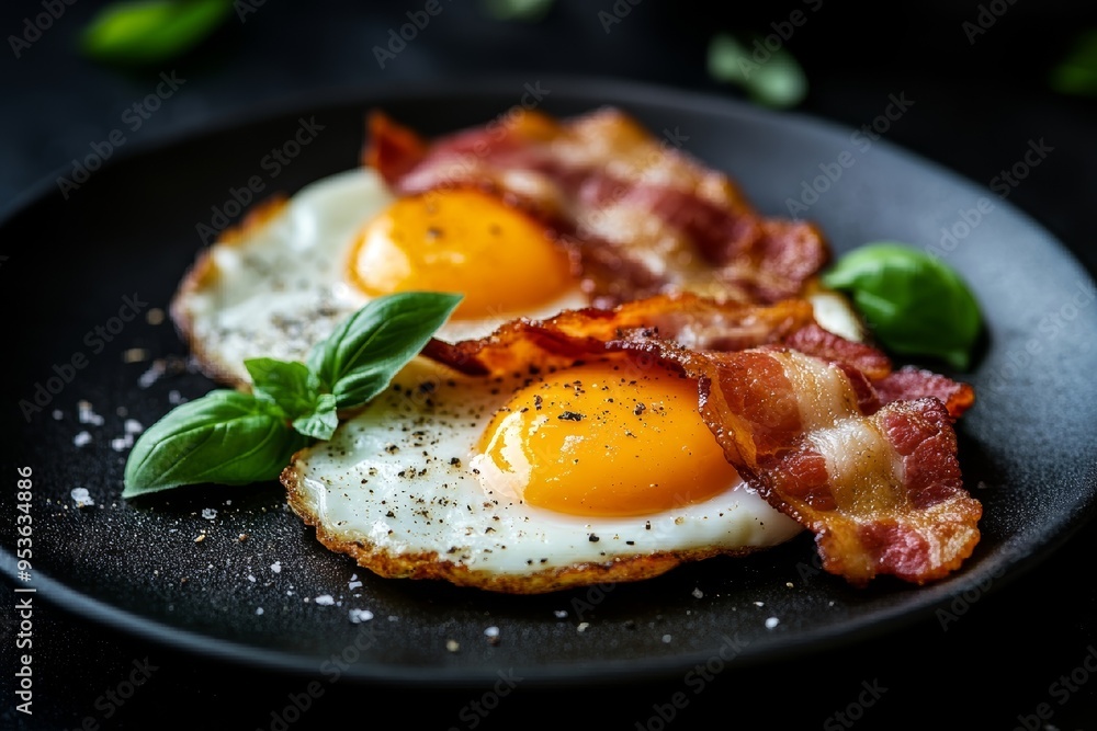 Close-up of Fried Eggs with Crispy Bacon and Basil Close-up of Fried Eggs with Crispy Bacon and Basil