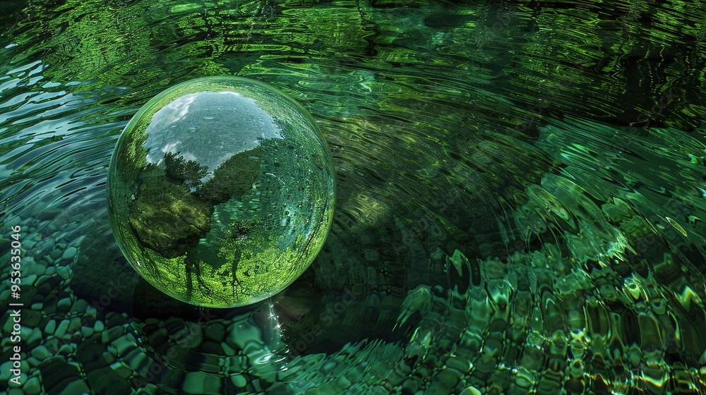 Close-up of a sphere-shaped, crystal-clear pond teeming with vibrant aquatic life。 Sustainability,conservation,crystal sphere ecosystem,macro photography of aquatic life. Close-up of a sphere-shaped, crystal-clear pond teeming with vibrant aquatic life。 Sustainability,conservation,crystal sphere ecosystem,macro photography of aquatic life.