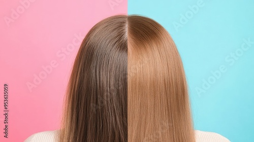 Collage with colorful backgrounds showing a woman scalp before and after dandruff treatment. Focus on significant flake reduction and improved hair condition.