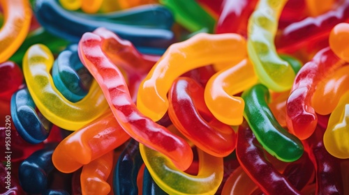 A medley of gummy worms, their wiggly forms and enticing colors bursting with life against a crisp white backdrop, reminiscent of a childhood candy store