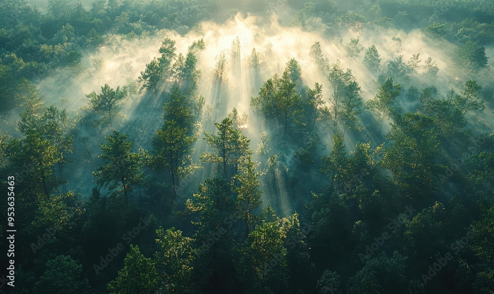 Misty Forest with Sunbeams in Early Morning Light Misty Forest with Sunbeams in Early Morning Light