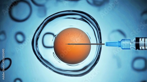 Wallpaper Mural A syringe injects fluid into an egg cell, representing fertilization and genetic engineering. Torontodigital.ca