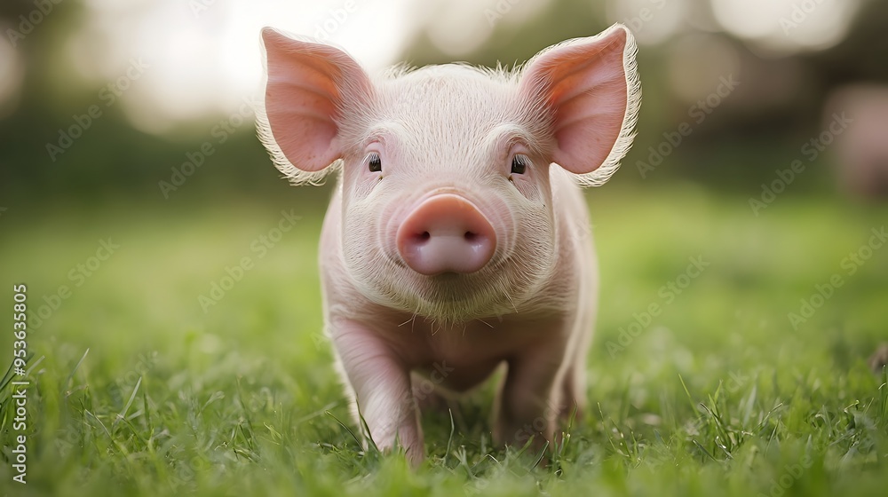 Adorable Pink Piglet Exploring Grassy Field on Farm Adorable Pink Piglet Exploring Grassy Field on Farm