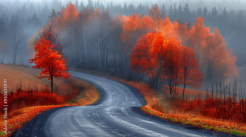 Naklejka premium Foggy Autumn Road with Vibrant Red Trees..