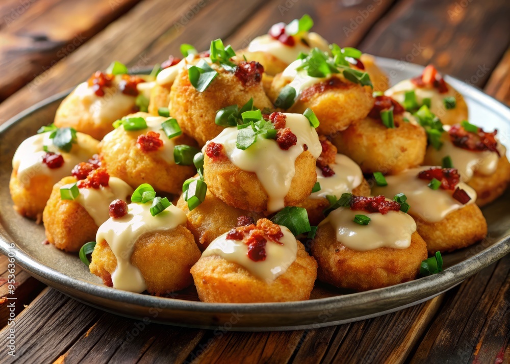 A golden-brown loaded platter of crispy miniature potato nuggets smothered in a rich, gooey cheese sauce, topped with A golden-brown loaded platter of crispy miniature potato nuggets smothered in a rich, gooey cheese sauce, topped with