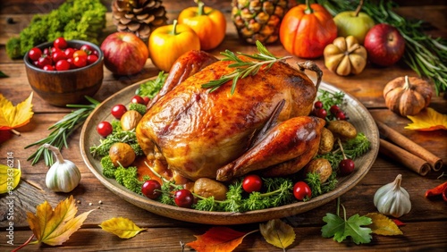 A golden-brown roasted turkey, garnished with herbs and surrounded by fresh vegetables, takes center stage on a