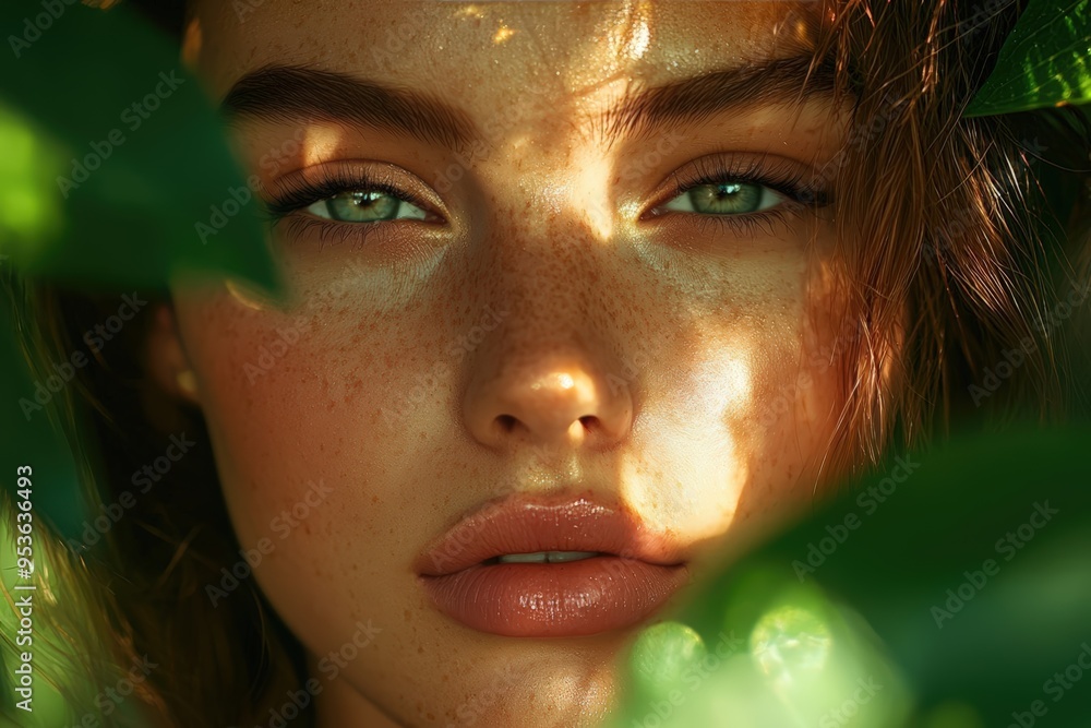 Close-up Portrait of Woman Amidst Green Leaves with Sunlight Close-up Portrait of Woman Amidst Green Leaves with Sunlight