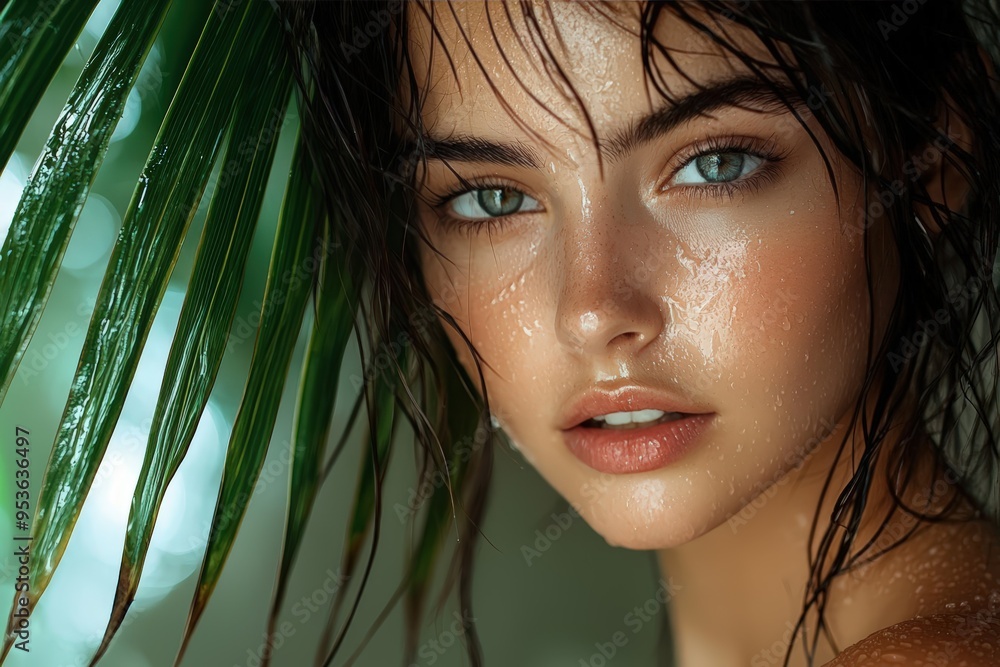 Close-up Portrait of Woman with Wet Hair and Green Leaves Close-up Portrait of Woman with Wet Hair and Green Leaves