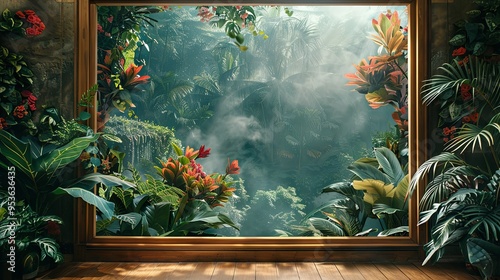 Botanical garden mural with wooden frame in plant lover?s room. Lush greens and floral accents photo