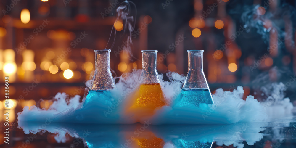 Chemical reaction creating smoke from erlenmeyer flasks in the laboratory Chemical reaction creating smoke from erlenmeyer flasks in the laboratory