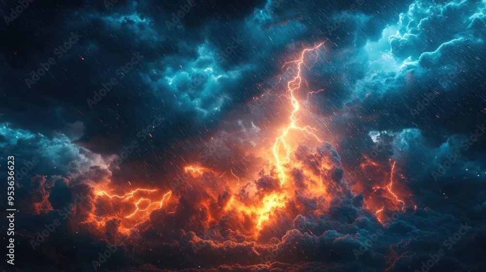 Fototapeta premium Cloudy storm letters, with dark storm clouds, lightning, and rain effects, dramatic theme, 3D typography
