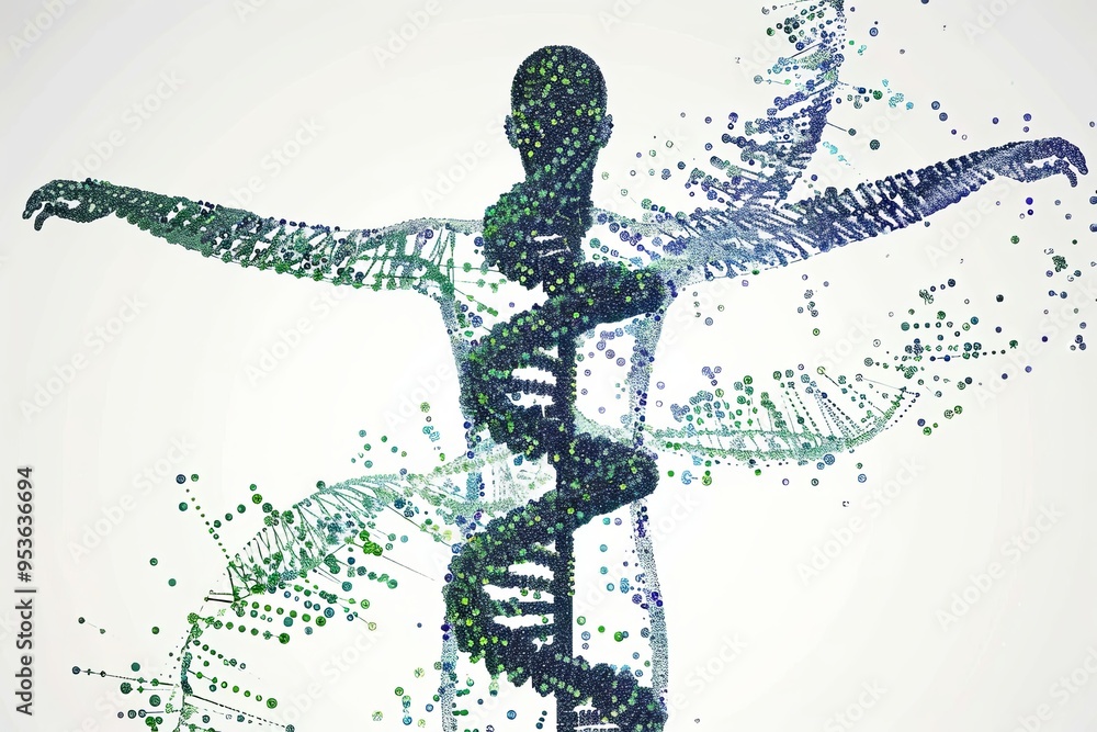 Fototapeta premium Abstract human silhouette with DNA strand made of green and blue dots and lines.